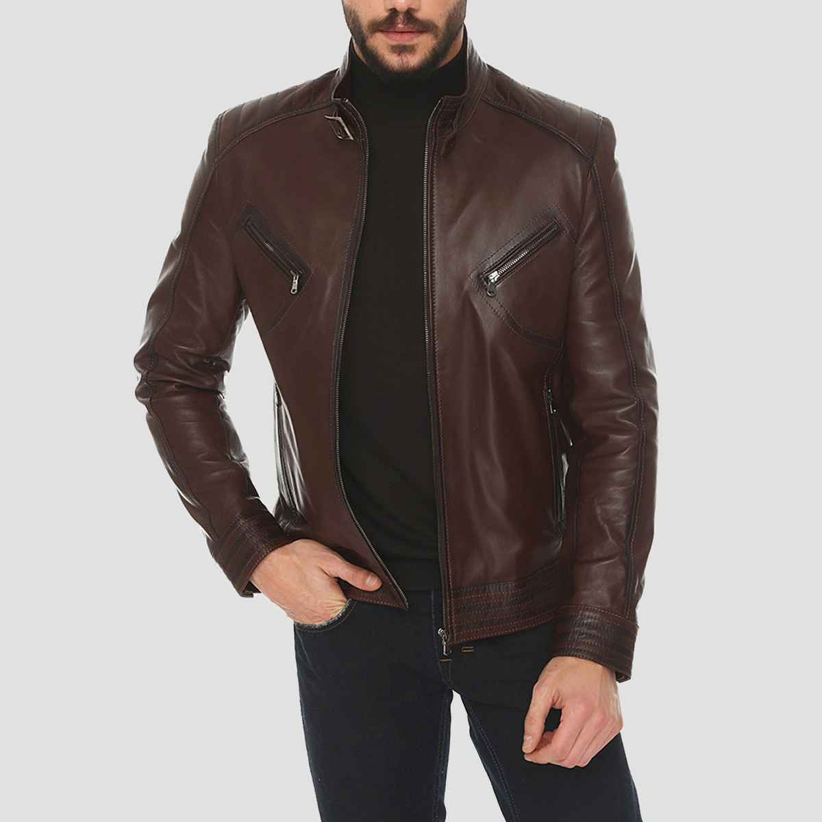Brown Padded Shoulder Waxed Leather Jacket Outfit - The Vintage Leather