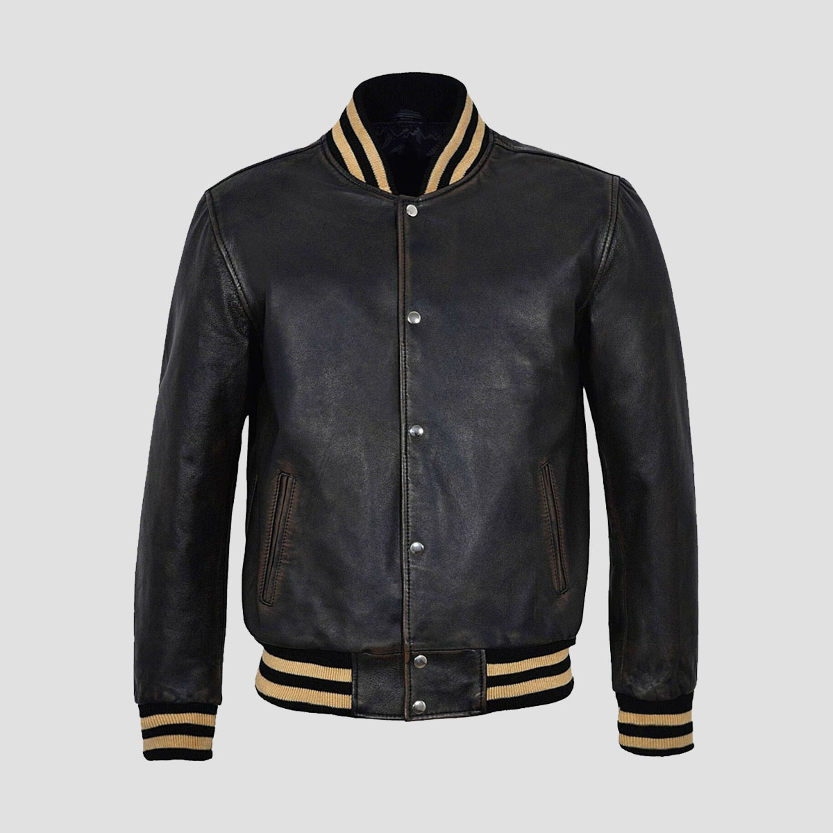 Black Faux Suede Leather Varsity Bomber Jacket