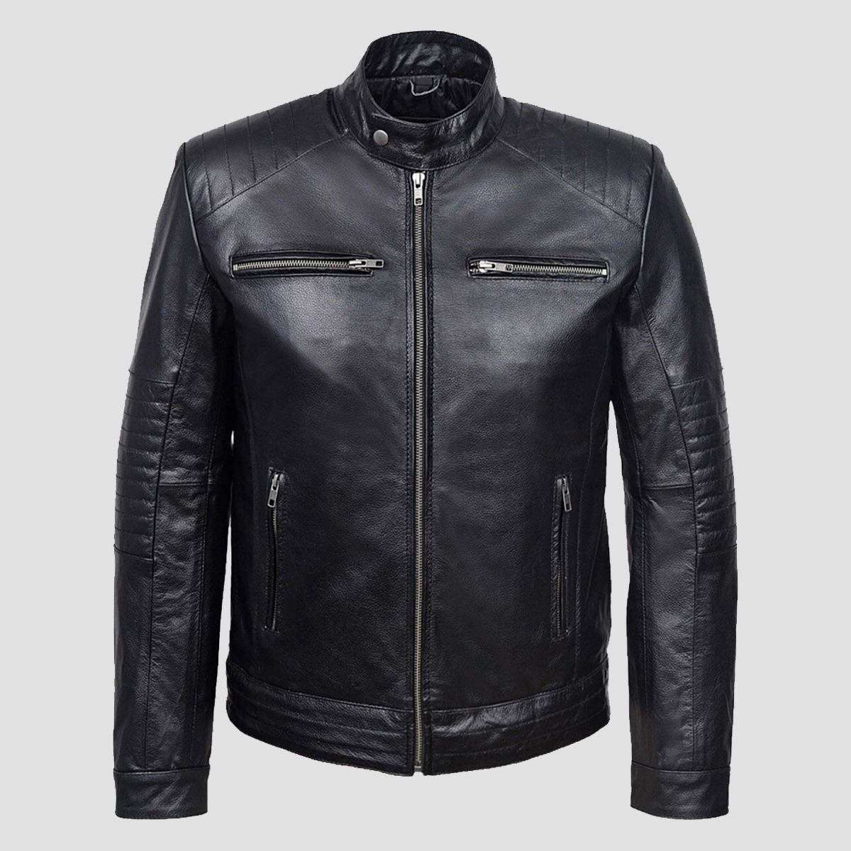 Quilted Shoulder Black Motorcycle Leather Jacket - The Vintage Leather