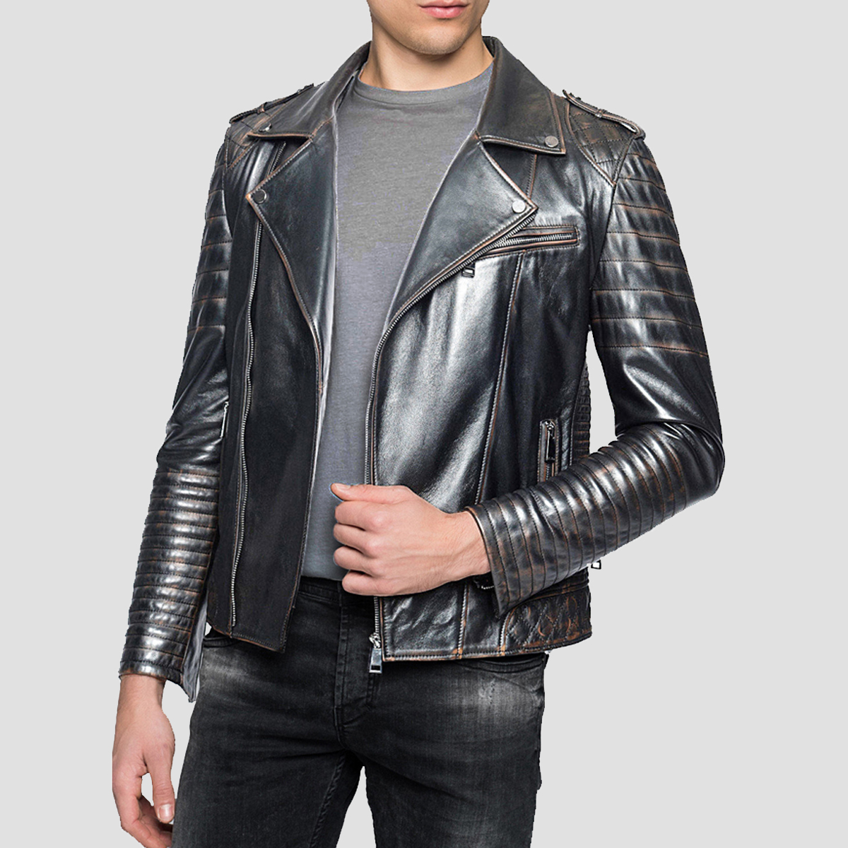 Classic Metallic Silver Vintage Biker Leather Jacket - The Vintage Leather