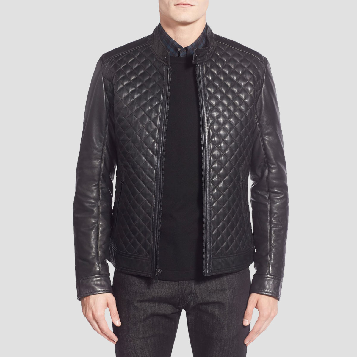 Quilted Black and Blue Leather Biker Jacket - The Vintage Leather
