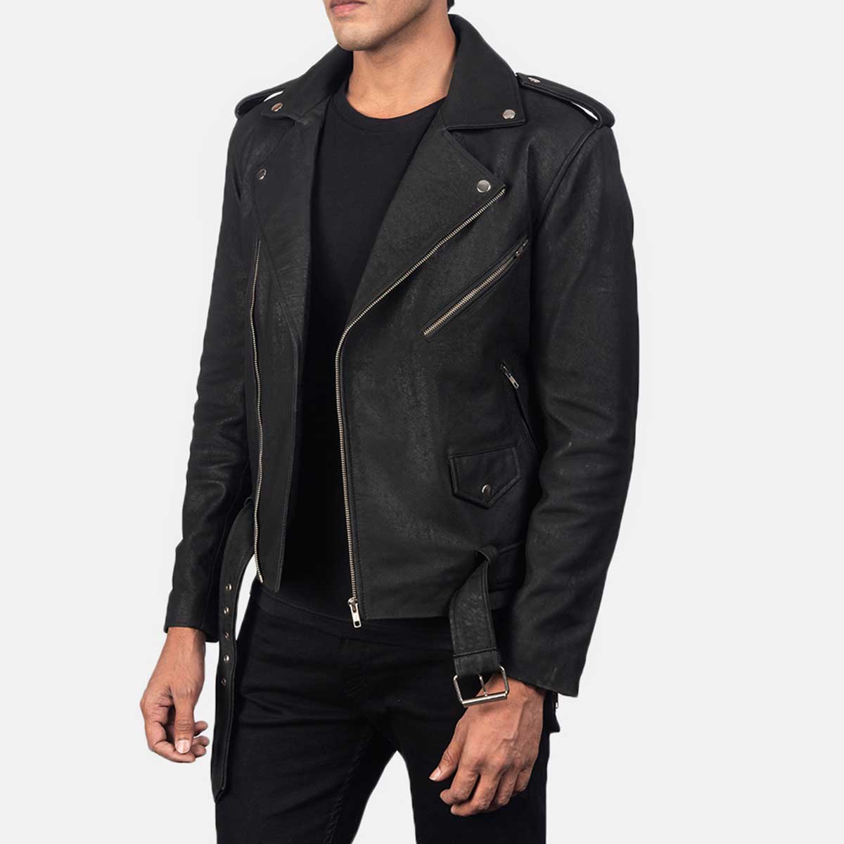 Black Leather Biker Jacket Allaric Alley Distressed - The Vintage Leather