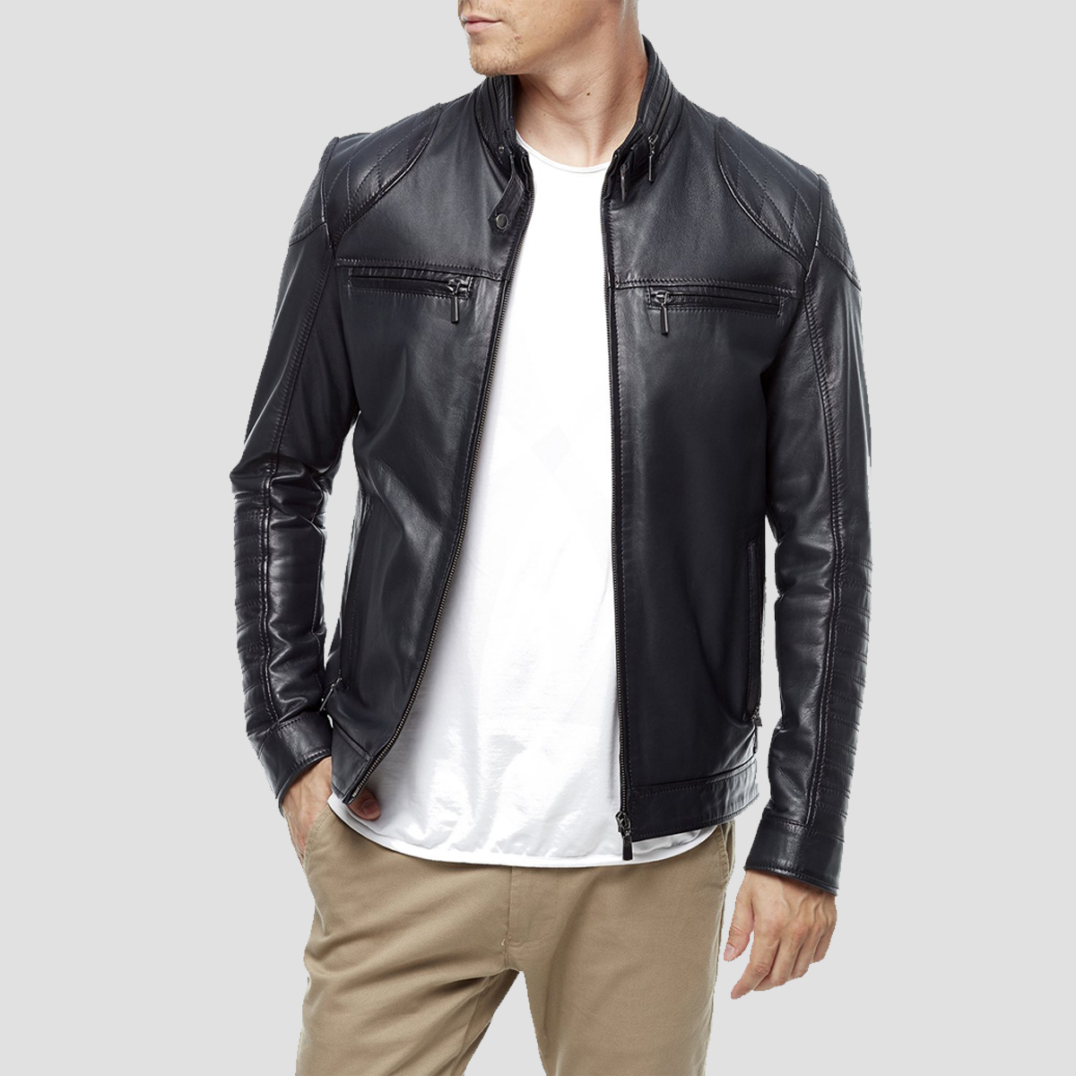 Mens Blue Leather Jacket in Classic Biker Style