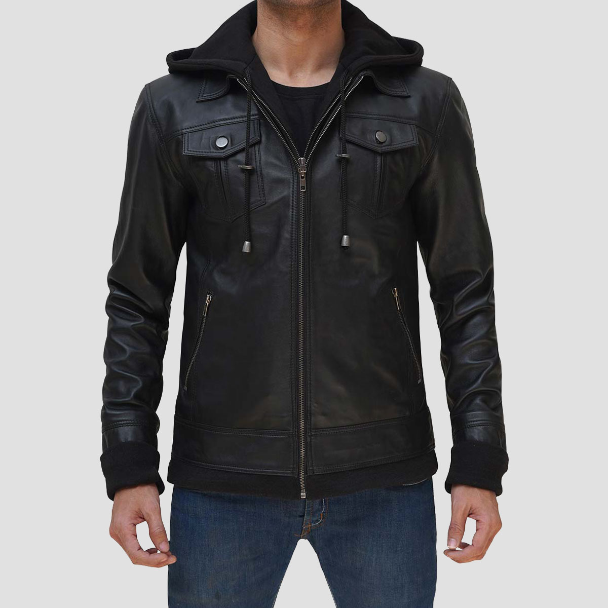 Hooded Black Leather Bomber Jacket - The Vintage Leather