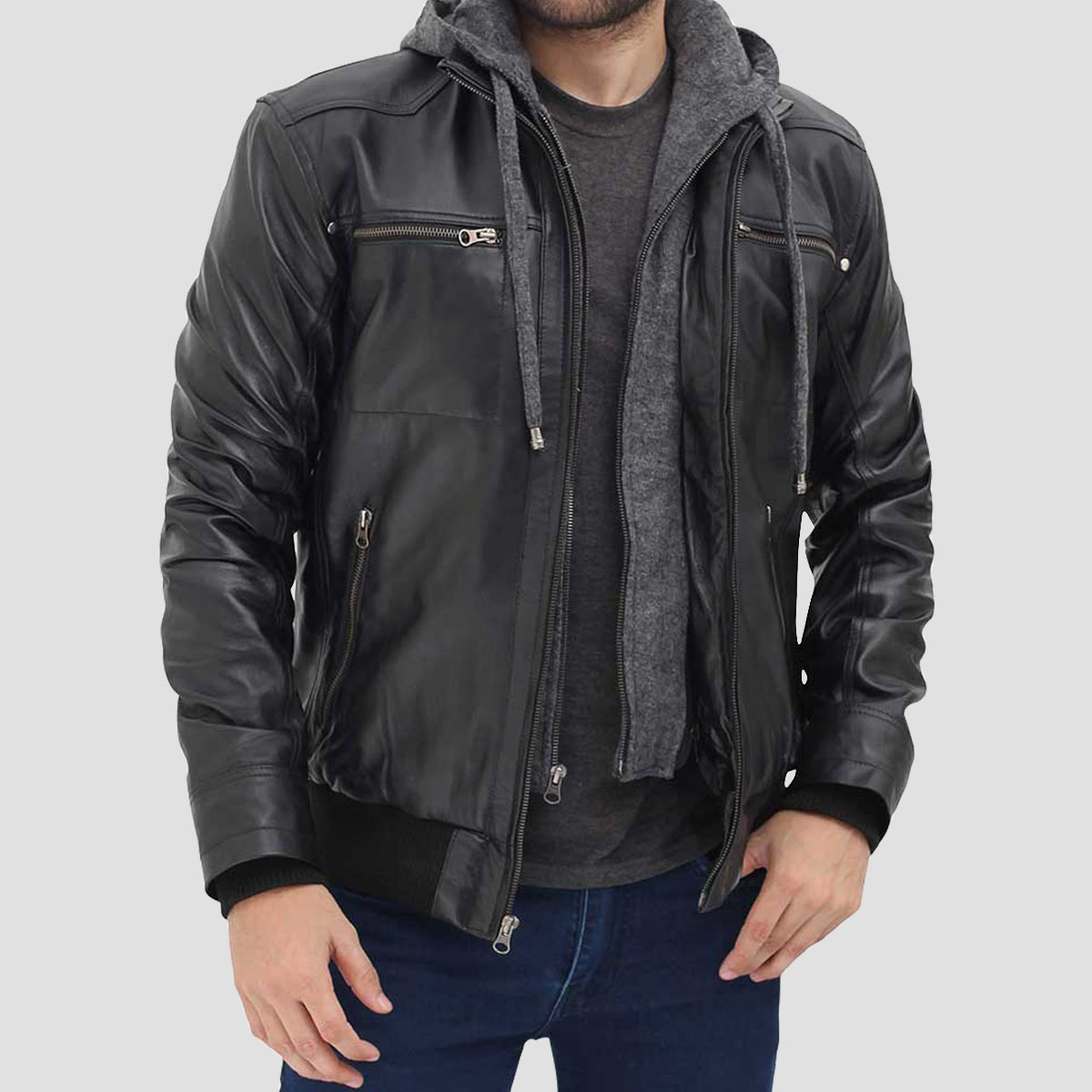 Black Leather Bomber Jacket with Removable Hood - The Vintage Leather